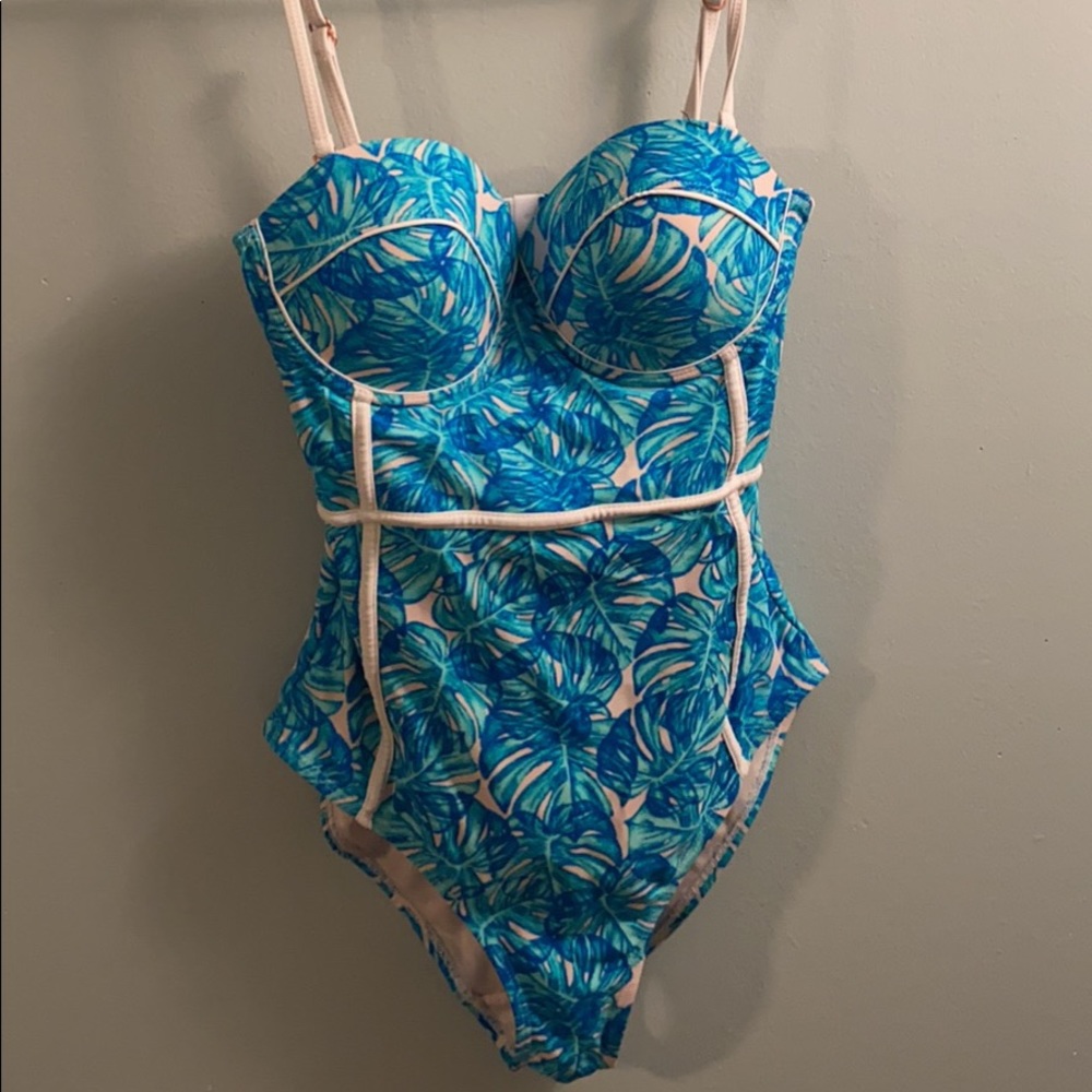 Blue floral one piece bathing suit